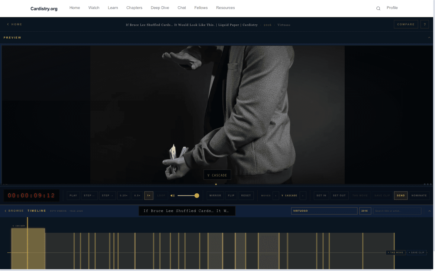 The cardistry.org workspace: a paused performance with a tagged move on a frame-by-frame timeline